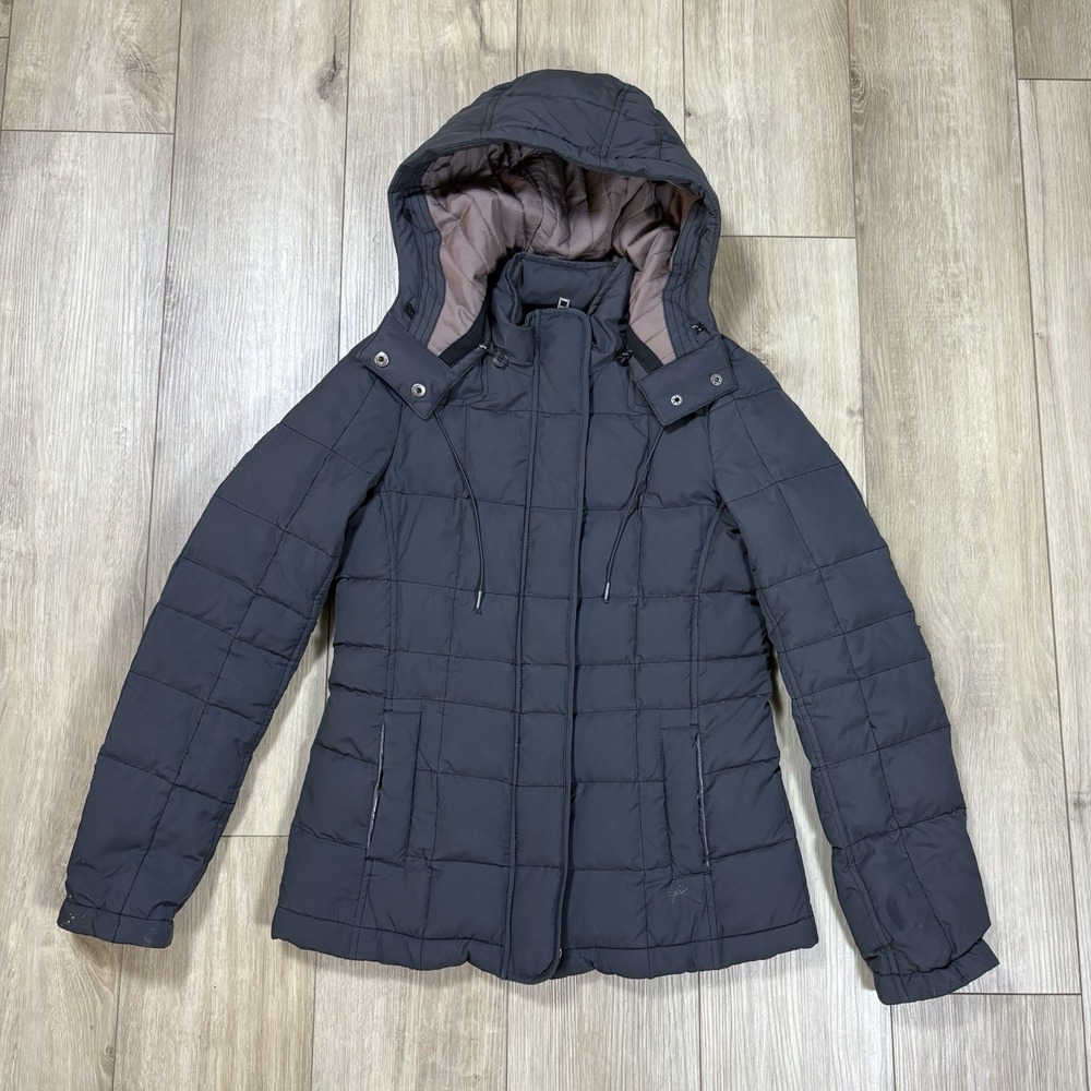 Ruehl Jacket Womens XS Gray Down Removable Hood‎ Snap Pockets Ladies Puffer